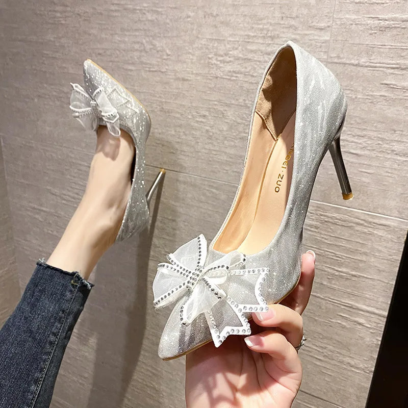 Shoes for Women Silver Crystal Butterfly Knot Pointed Toe High Heels Elegant Luxury Party Wedding Women's Stiletto Zapatos Mujer