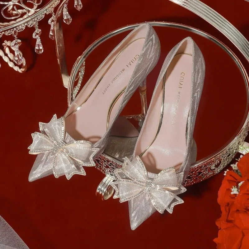 Shoes for Women Silver Crystal Butterfly Knot Pointed Toe High Heels Elegant Luxury Party Wedding Women's Stiletto Zapatos Mujer