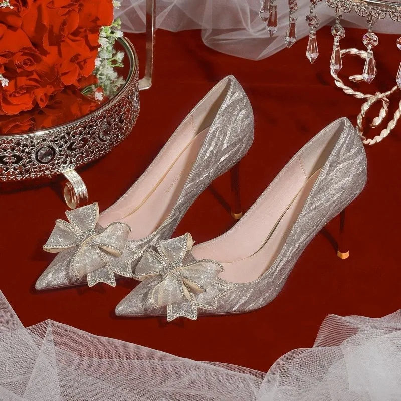 Shoes for Women Silver Crystal Butterfly Knot Pointed Toe High Heels Elegant Luxury Party Wedding Women's Stiletto Zapatos Mujer