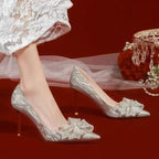 Shoes for Women Silver Crystal Butterfly Knot Pointed Toe High Heels Elegant Luxury Party Wedding Women's Stiletto Zapatos Mujer