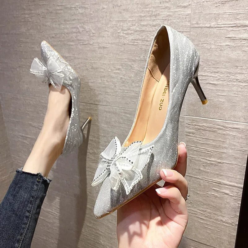 Shoes for Women Silver Crystal Butterfly Knot Pointed Toe High Heels Elegant Luxury Party Wedding Women's Stiletto Zapatos Mujer
